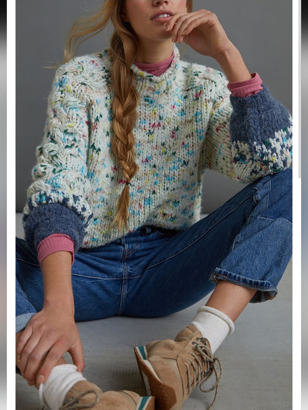 ANTHROPOLOGIE Gaia Chunky Knit Cotton Alpaca Funfetti Sweater Roll Neck Pullover